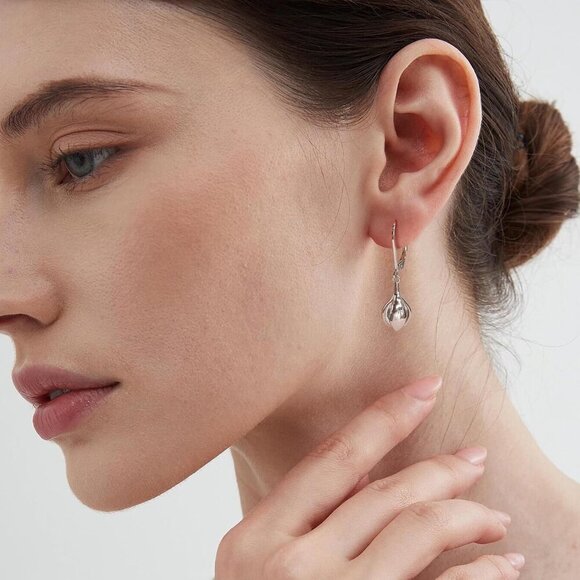 Dainty Silver- Floral Leverback Dangle Drop Hypoallergenic Earring for Women - Picture 4 of 7